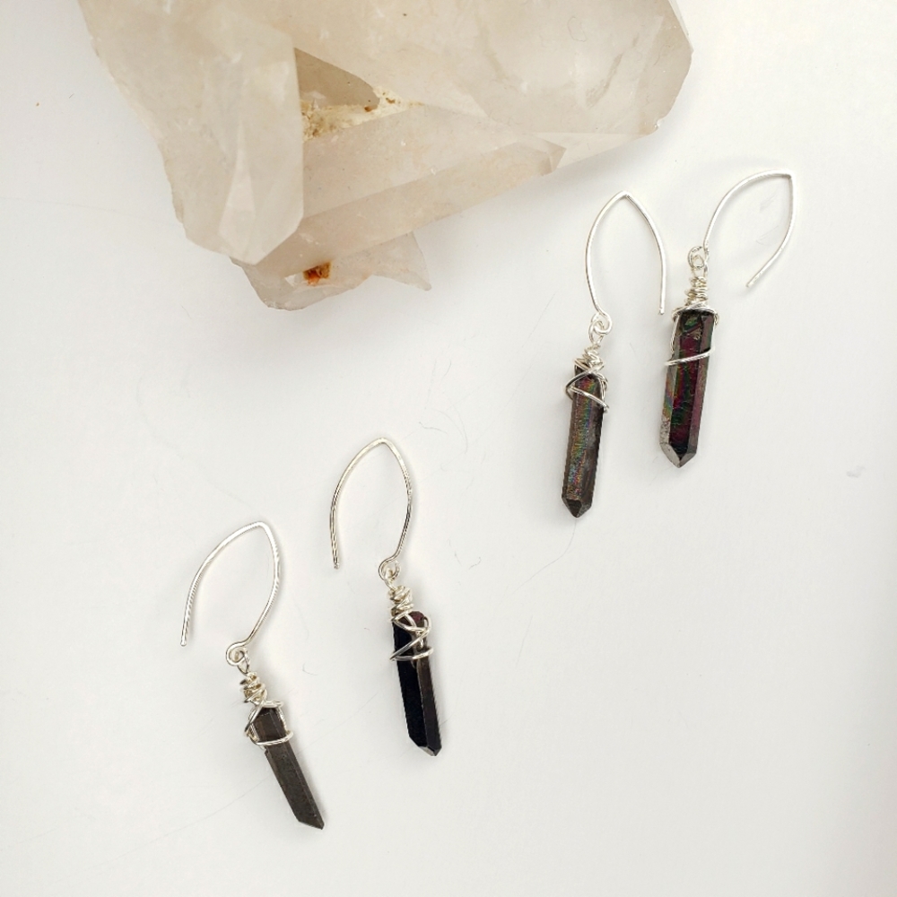 Sterling Silver Black Titanium Quartz Earrings